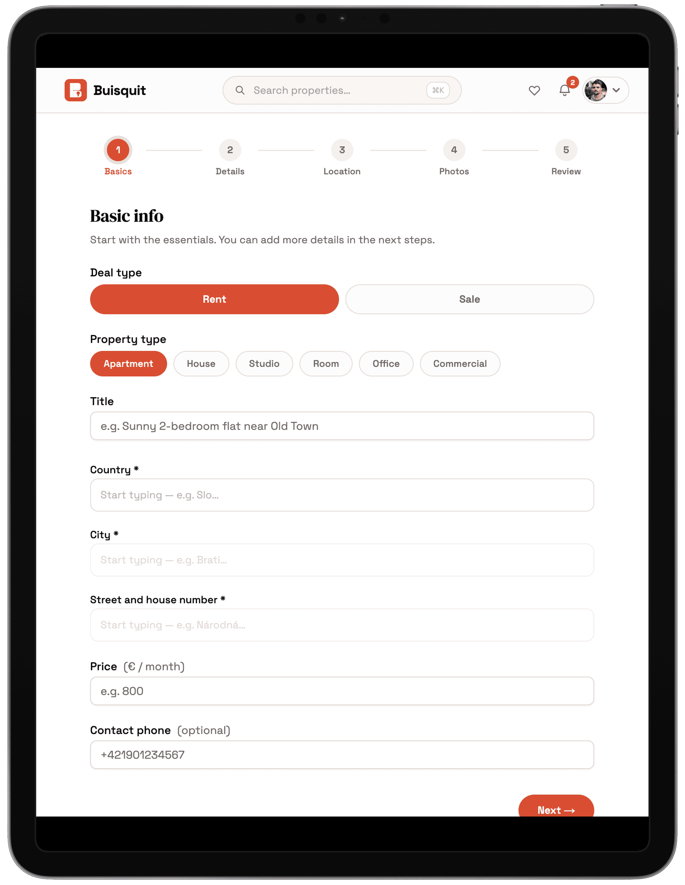 Listing creation wizard on a tablet