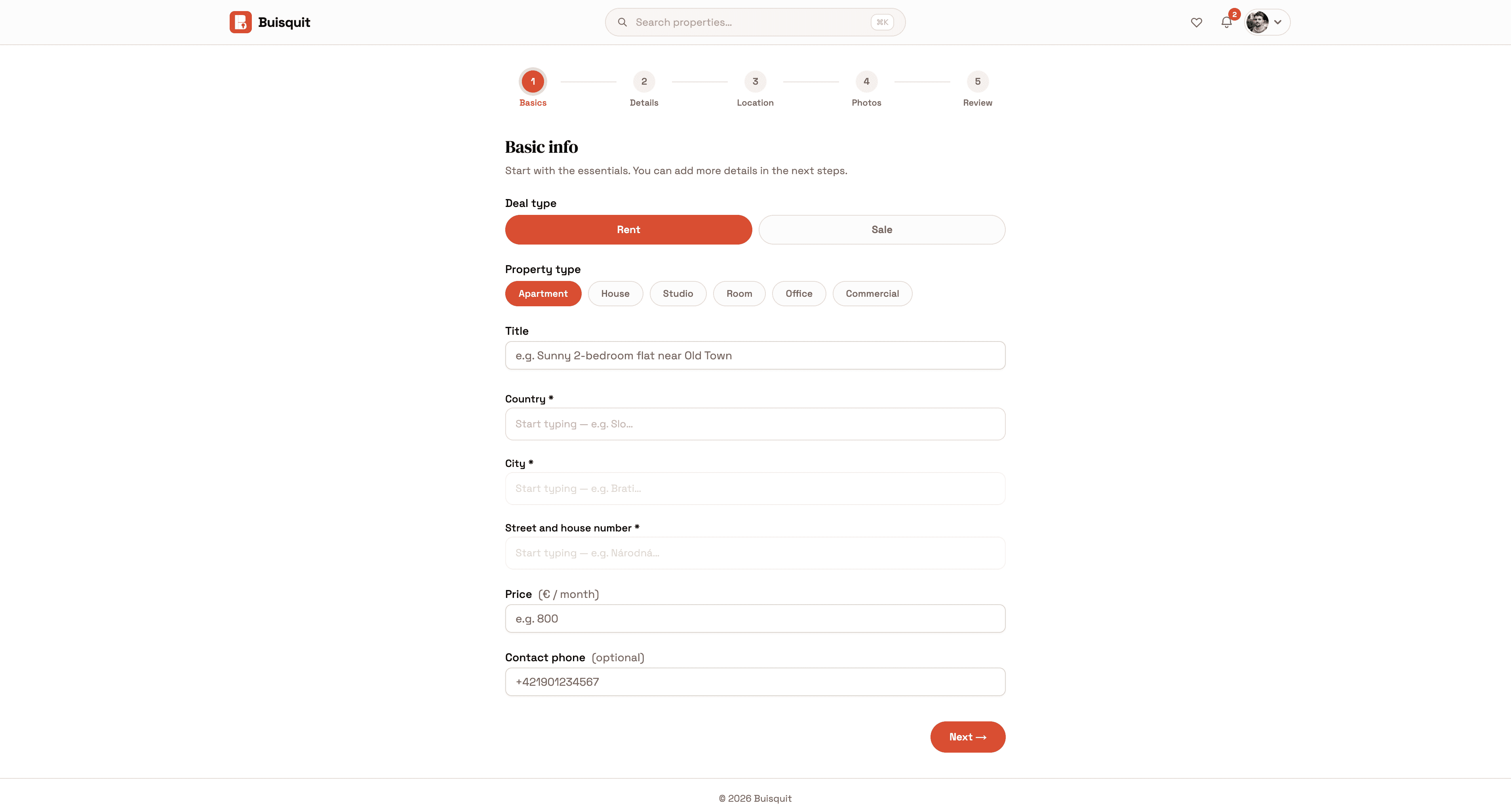 Creating a new property listing