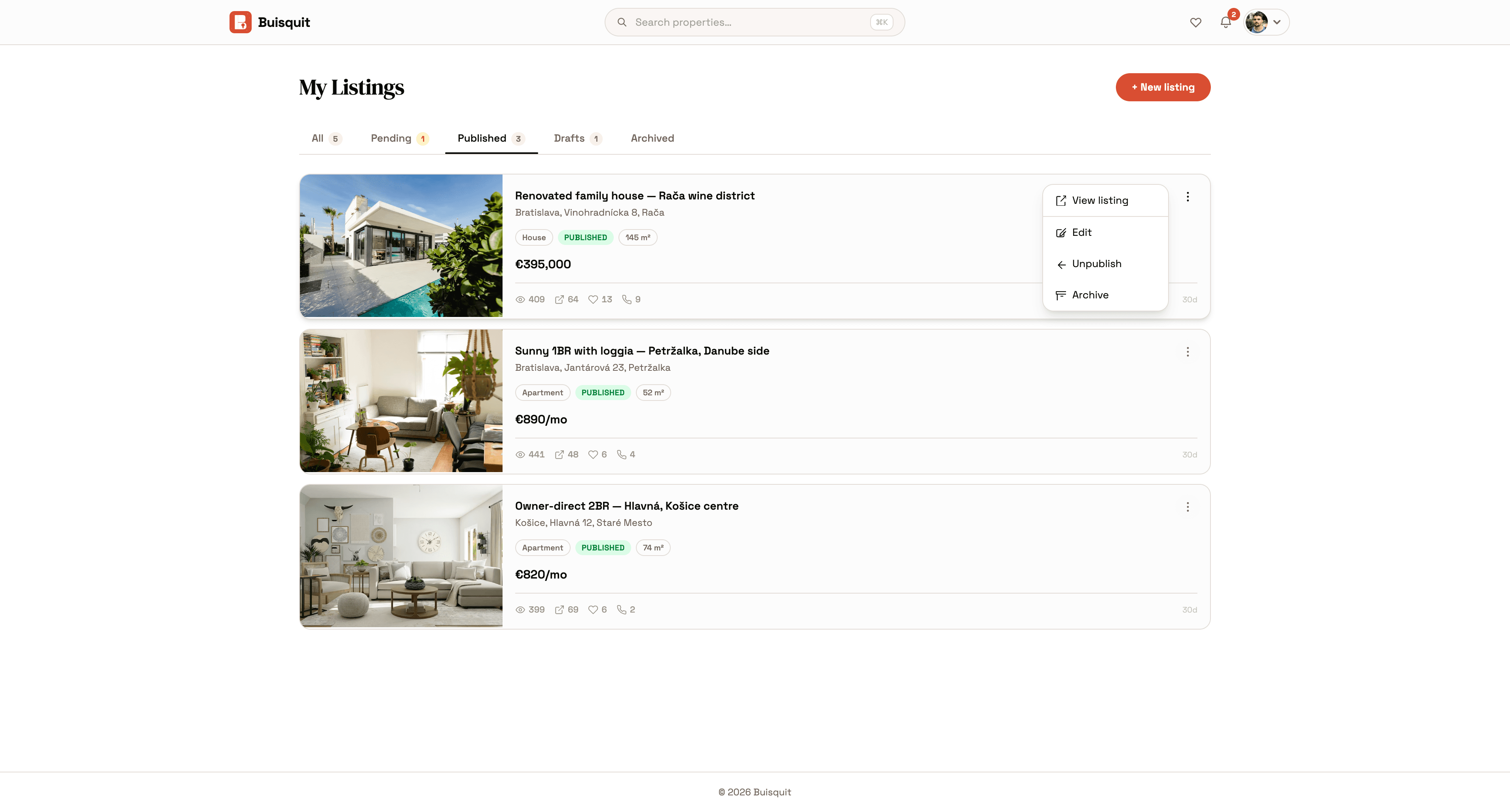 Owner dashboard with all listings in one view